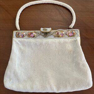 Vintage Handmade French Beaded Handbag with Limoges Porcelain Accents